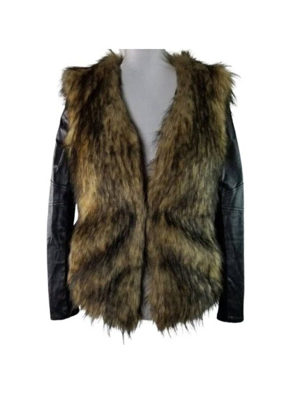 Bardot Womens Faux Fur Leather Long Sleeves Jacket Coat Black Tan Size 6